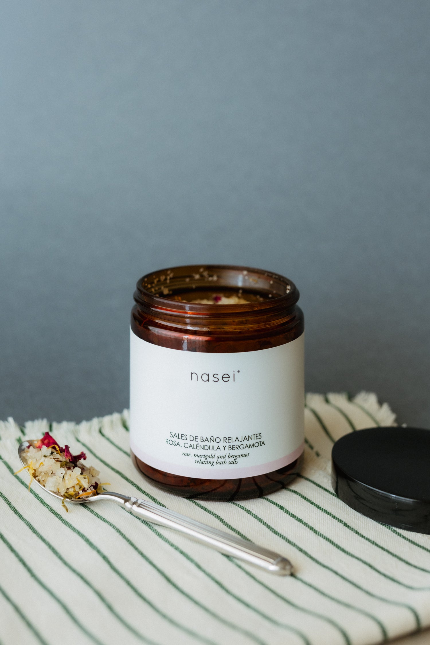 Relaxing bath salts with rose, calendula, and bergamot